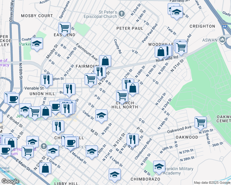 map of restaurants, bars, coffee shops, grocery stores, and more near 1117 North 27th Street in Richmond