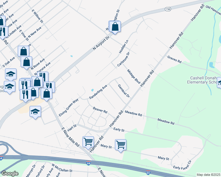 map of restaurants, bars, coffee shops, grocery stores, and more near 1405 Green Pasture Road in Sandston