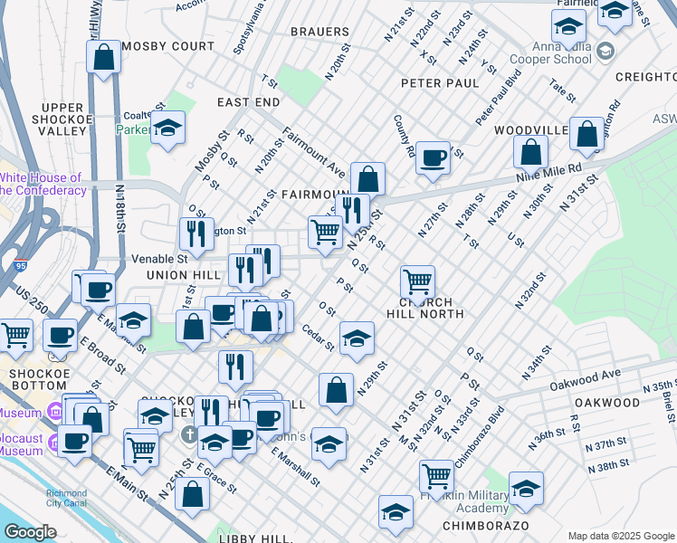 map of restaurants, bars, coffee shops, grocery stores, and more near 1005 North 25th Street in Richmond