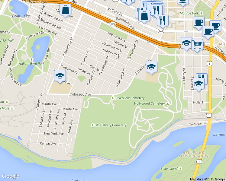 map of restaurants, bars, coffee shops, grocery stores, and more near 1130 South Randolph Street in Richmond