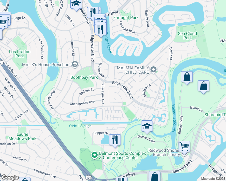 map of restaurants, bars, coffee shops, grocery stores, and more near 290 Billingsgate Lane in Foster City