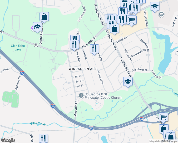 map of restaurants, bars, coffee shops, grocery stores, and more near 302 Marlin Drive in Richmond