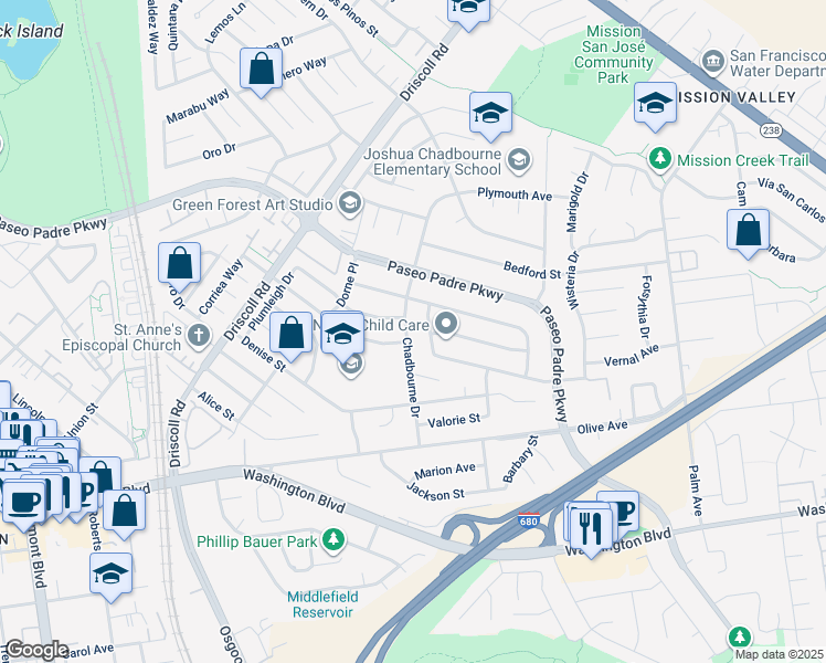 map of restaurants, bars, coffee shops, grocery stores, and more near 41772 Chadbourne Drive in Fremont