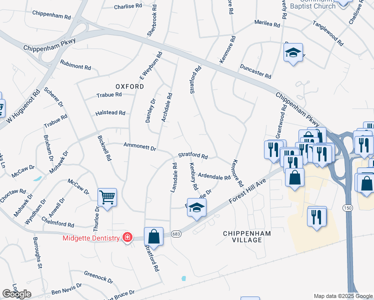 map of restaurants, bars, coffee shops, grocery stores, and more near 2750 Stratford Road in Richmond