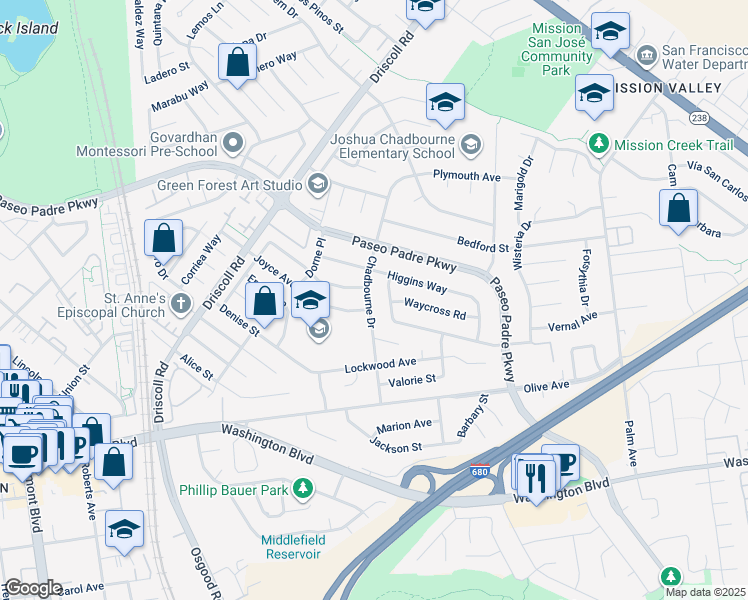 map of restaurants, bars, coffee shops, grocery stores, and more near 41772 Chadbourne Drive in Fremont