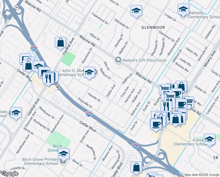 map of restaurants, bars, coffee shops, grocery stores, and more near 5229 Sabin Avenue in Fremont