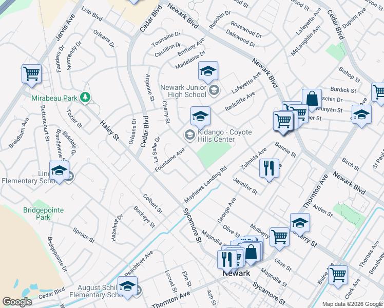 map of restaurants, bars, coffee shops, grocery stores, and more near 36347 Cherry Street in Newark