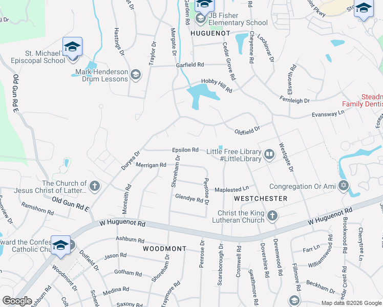 map of restaurants, bars, coffee shops, grocery stores, and more near 10231 Epsilon Road in Richmond