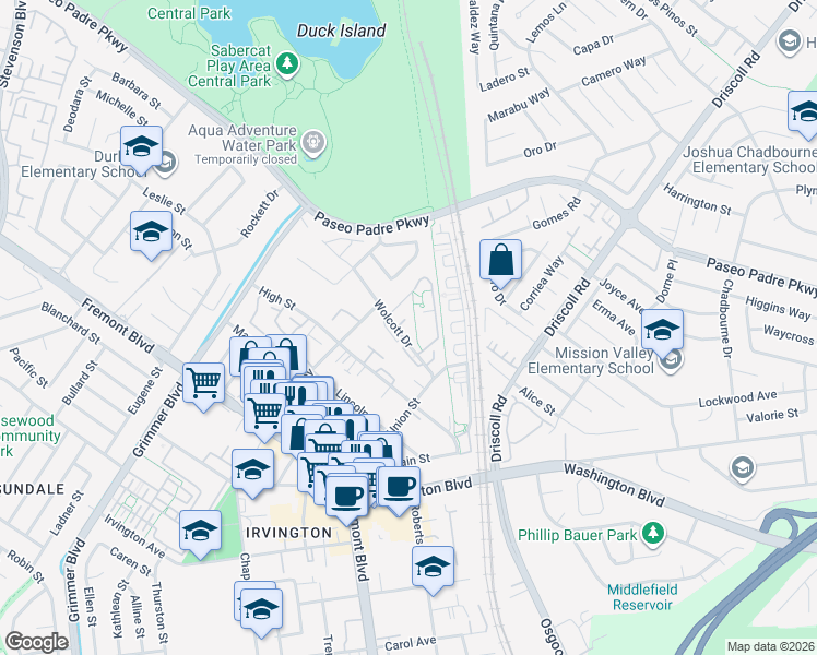 map of restaurants, bars, coffee shops, grocery stores, and more near 3102 Rodney Common in Fremont