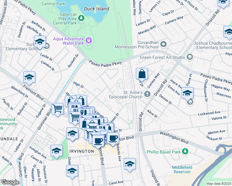 map of restaurants, bars, coffee shops, grocery stores, and more near 3386 Wolcott Common in Fremont