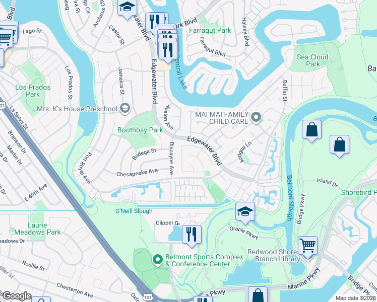 map of restaurants, bars, coffee shops, grocery stores, and more near 290 Billingsgate Lane in Foster City