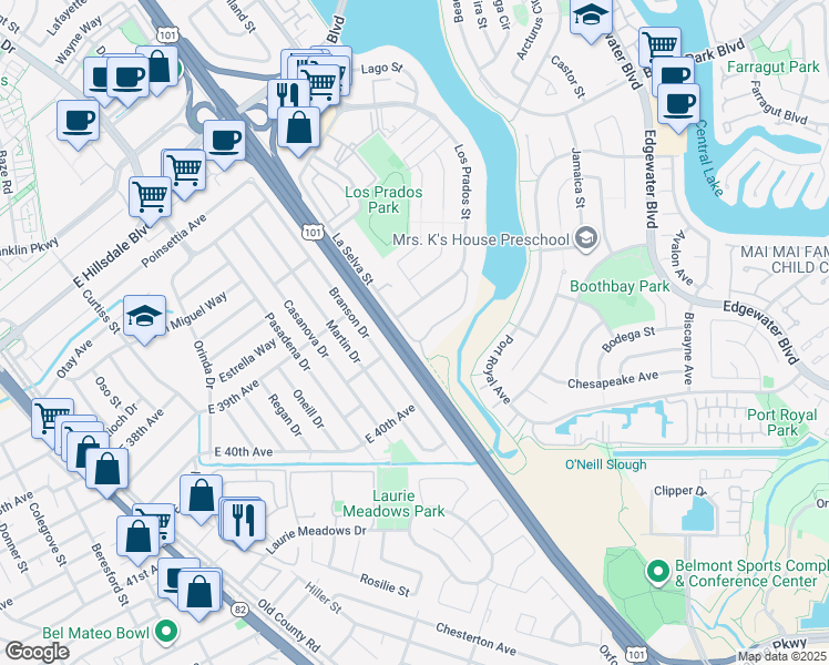 map of restaurants, bars, coffee shops, grocery stores, and more near 3415 La Selva Street in San Mateo