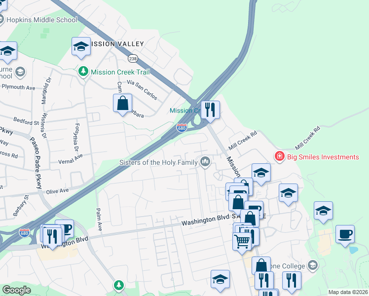 map of restaurants, bars, coffee shops, grocery stores, and more near 42874 Vía Navarra in Fremont