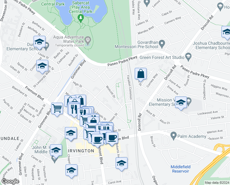 map of restaurants, bars, coffee shops, grocery stores, and more near 3386 Wolcott Common in Fremont