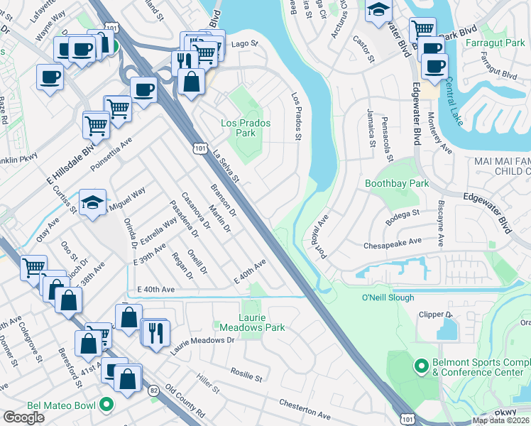 map of restaurants, bars, coffee shops, grocery stores, and more near 3949 Branson Drive in San Mateo