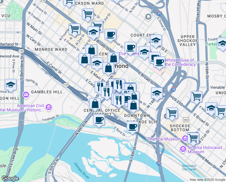 map of restaurants, bars, coffee shops, grocery stores, and more near 919 East Main Street in Richmond