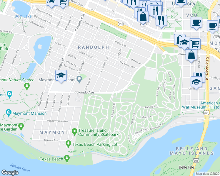map of restaurants, bars, coffee shops, grocery stores, and more near 1117 Meade Street in Richmond