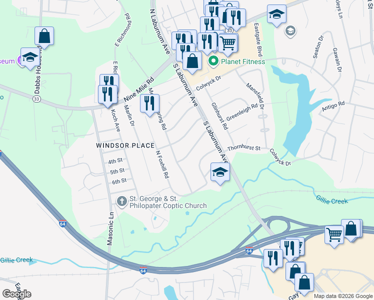 map of restaurants, bars, coffee shops, grocery stores, and more near 4703 Greenleigh Road in Richmond