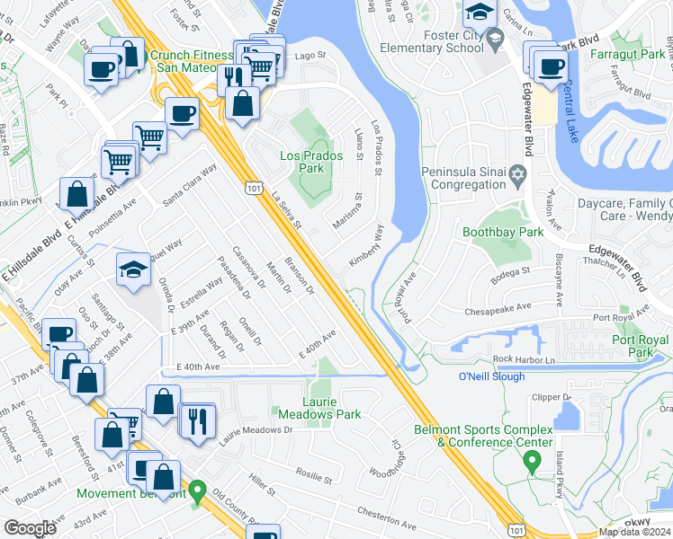 map of restaurants, bars, coffee shops, grocery stores, and more near 3415 La Selva Street in San Mateo