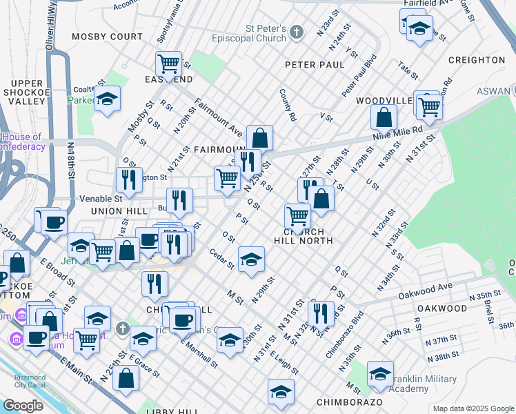 map of restaurants, bars, coffee shops, grocery stores, and more near Q Street in Richmond