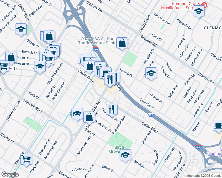 map of restaurants, bars, coffee shops, grocery stores, and more near 5486 Central Avenue in Newark