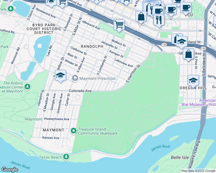 map of restaurants, bars, coffee shops, grocery stores, and more near 1119 Meade Street in Richmond