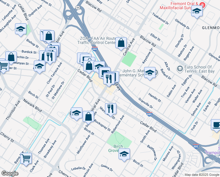 map of restaurants, bars, coffee shops, grocery stores, and more near 5486 Central Avenue in Newark