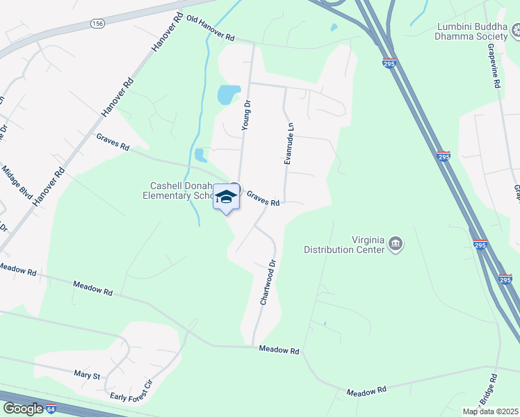 map of restaurants, bars, coffee shops, grocery stores, and more near 2073 Chartwood Lane in Sandston