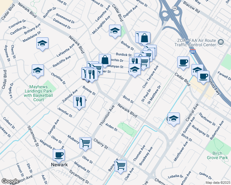 map of restaurants, bars, coffee shops, grocery stores, and more near 36903 Birch Street in Newark