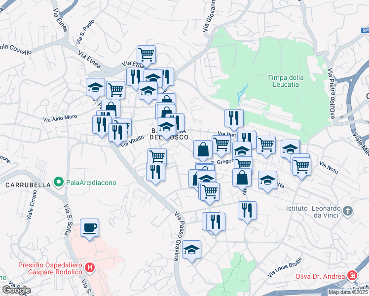 map of restaurants, bars, coffee shops, grocery stores, and more near 235 Via del Bosco in Catania