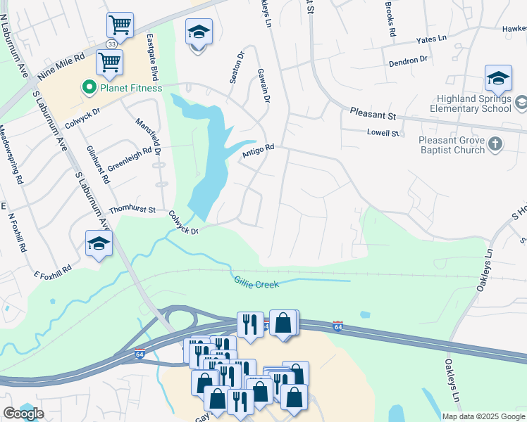 map of restaurants, bars, coffee shops, grocery stores, and more near 5606 Cupula Drive in Richmond