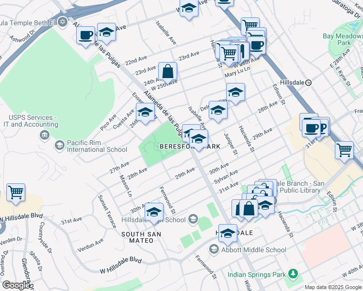map of restaurants, bars, coffee shops, grocery stores, and more near 2720 Alameda de las Pulgas in San Mateo