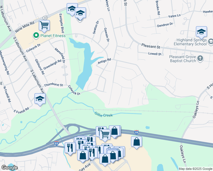 map of restaurants, bars, coffee shops, grocery stores, and more near 5606 Cupula Drive in Richmond