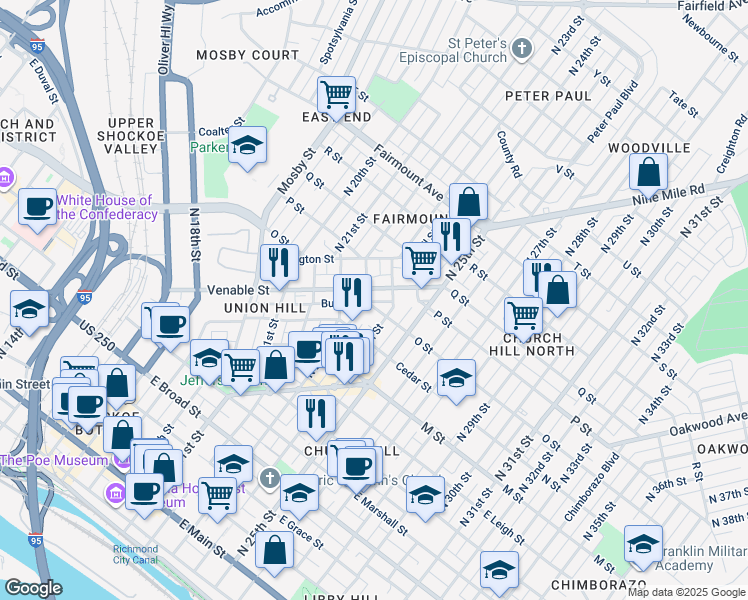 map of restaurants, bars, coffee shops, grocery stores, and more near 2306 Burton Street in Richmond
