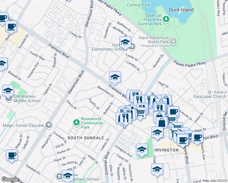 map of restaurants, bars, coffee shops, grocery stores, and more near 40371 Fremont Boulevard in Fremont