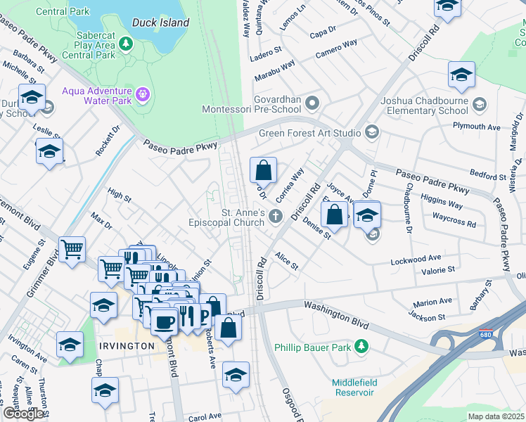 map of restaurants, bars, coffee shops, grocery stores, and more near 2791 Driscoll Road in Fremont