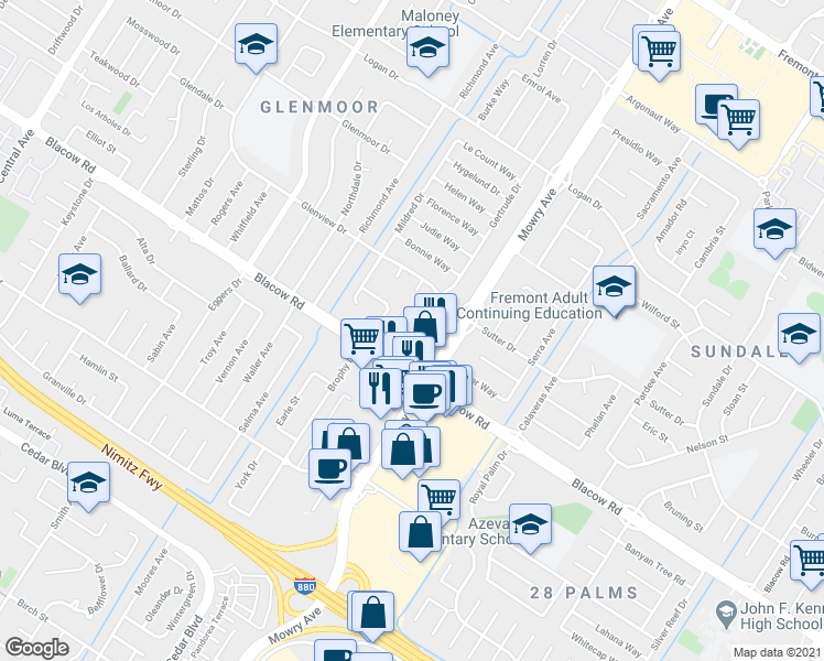map of restaurants, bars, coffee shops, grocery stores, and more near 38930 Blacow Road in Fremont