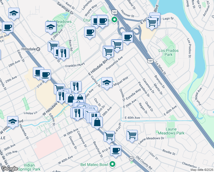 map of restaurants, bars, coffee shops, grocery stores, and more near 74 San Miguel Way in San Mateo
