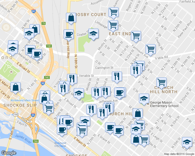 map of restaurants, bars, coffee shops, grocery stores, and more near in Richmond
