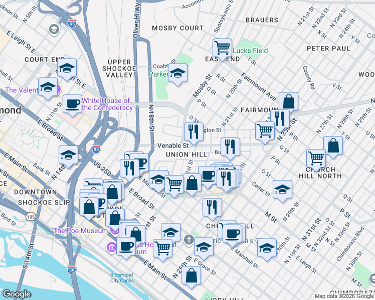 map of restaurants, bars, coffee shops, grocery stores, and more near in Richmond