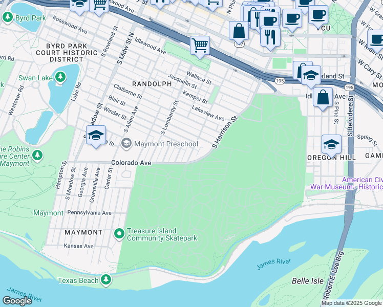 map of restaurants, bars, coffee shops, grocery stores, and more near 1130 South Randolph Street in Richmond