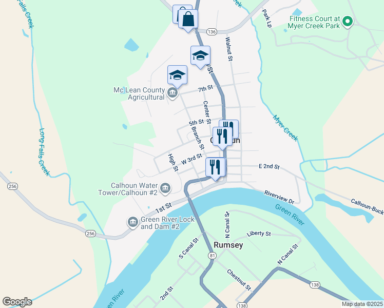 map of restaurants, bars, coffee shops, grocery stores, and more near 219-261 Poplar Street in Calhoun