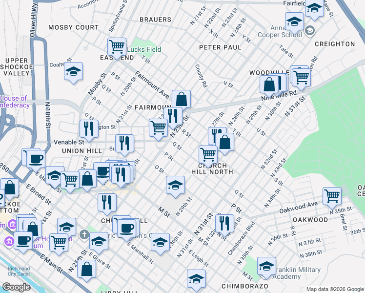 map of restaurants, bars, coffee shops, grocery stores, and more near 2620 Q Street in Richmond