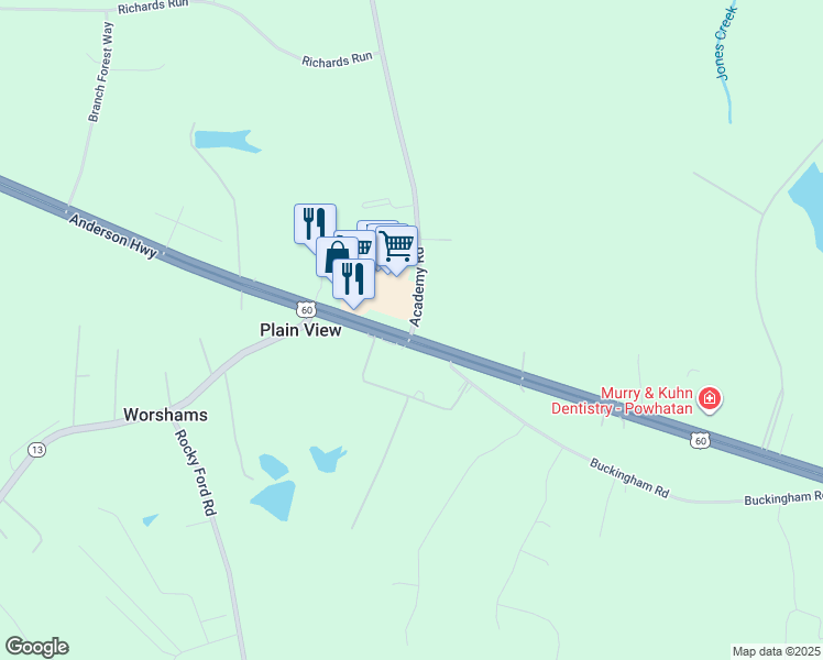 map of restaurants, bars, coffee shops, grocery stores, and more near 2105 Academy Road in Powhatan