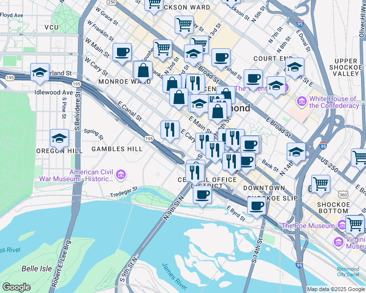map of restaurants, bars, coffee shops, grocery stores, and more near 600 East Canal Street in Richmond
