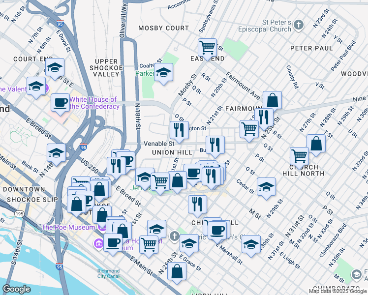 map of restaurants, bars, coffee shops, grocery stores, and more near in Richmond