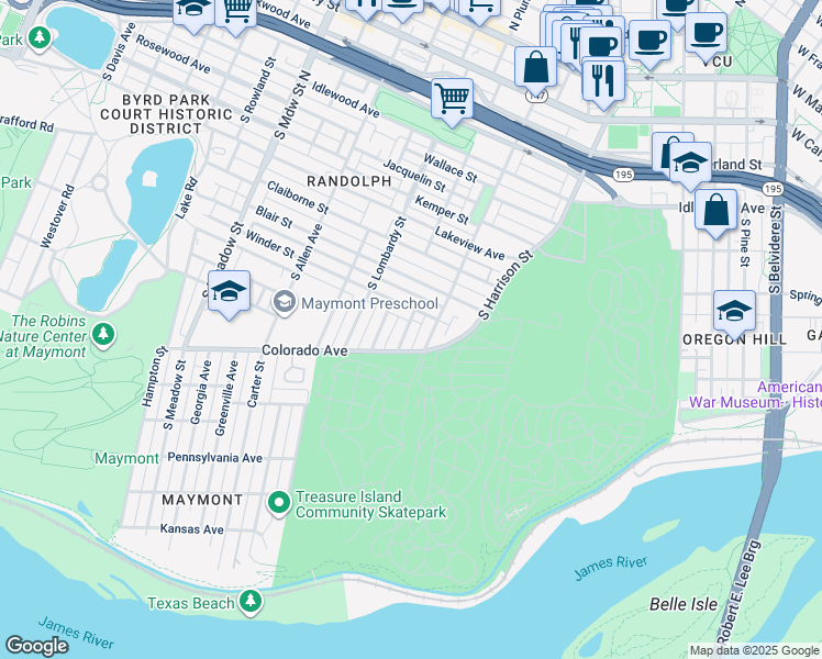 map of restaurants, bars, coffee shops, grocery stores, and more near 1117 Meade Street in Richmond