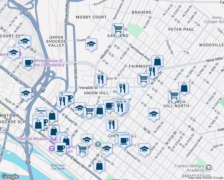 map of restaurants, bars, coffee shops, grocery stores, and more near 2200 Cedar Street in Richmond