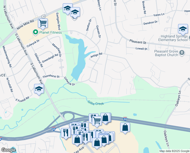 map of restaurants, bars, coffee shops, grocery stores, and more near 5605 Cupula Drive in Richmond