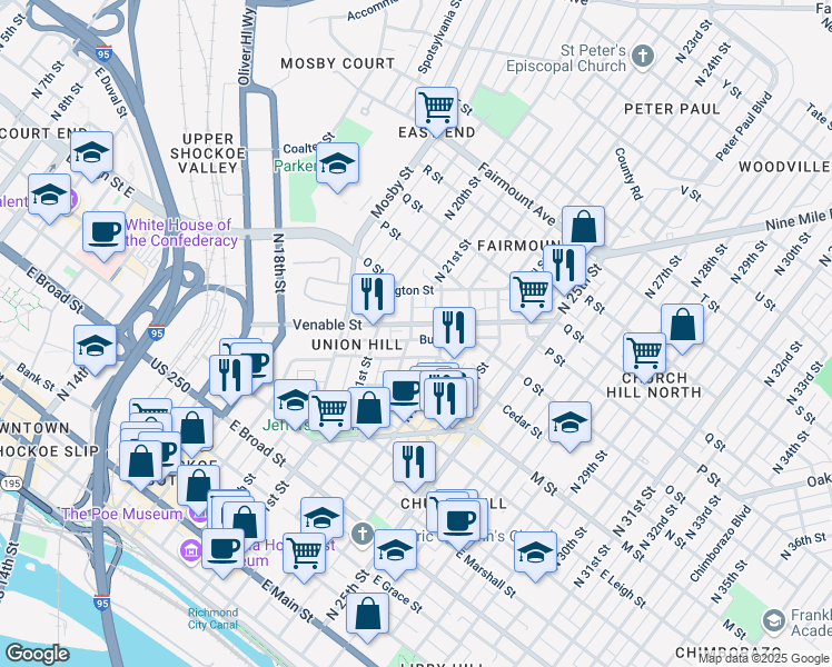map of restaurants, bars, coffee shops, grocery stores, and more near 817 North 22nd Street in Richmond